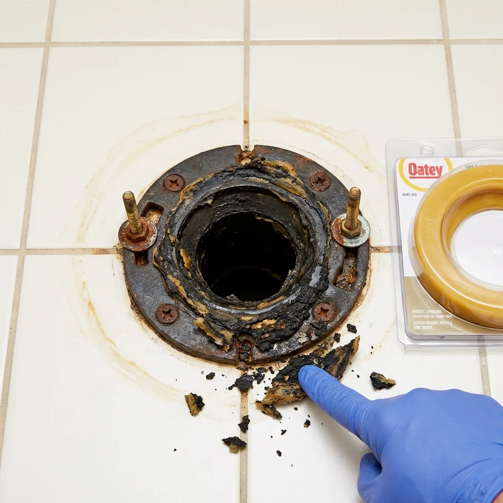 Failed wax ring showing water seepage at the base of a toilet in a Athens, AL home